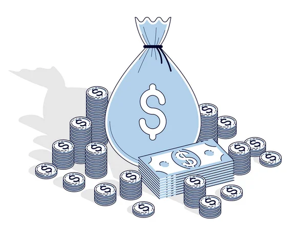 Cash Rijkdom Rijkdom Money Bag Met Dollar Stapels Munten Cent — Stockvector
