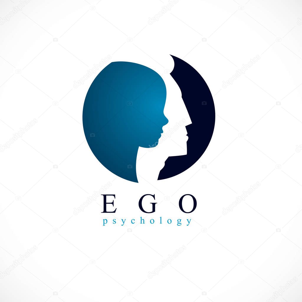 Psychology, ego mental health vector design, created with man head profile and little child boy inside, inner child concept, origin of human individuality and psychic problems. Therapy and analysis.