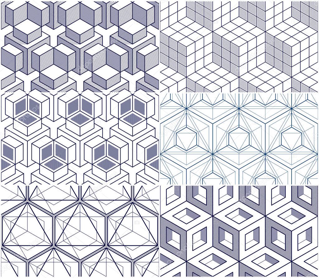 Geometric cubes abstract seamless patterns set, 3d vector backgrounds collection. Technology style engineering line drawing endless illustrations. Usable for fabric, wallpaper, wrapping. 