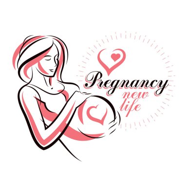 Hamile zarif kadın bekliyor bebek resmi çizilmiş vektör, eskiz. Annelik hastane reklam el ilanı