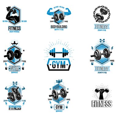 Set vektör ağır yük Tema sembolleri ve broşürler reklam dumbbells ile oluşur, su ısıtıcısı çan spor ekipmanları ve güçlü adam vücut siluetleri.