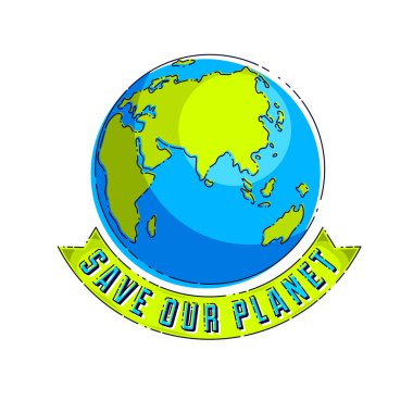 Dünya Uluslararası Dünya Günü konsepti, ekolojik ekoloji, iklim değişiklikleri, Dünya Günü 22 Nisan, kurdeleli ve daktilo vektör amblemli gezegen veya beyaz arkaplan üzerinde izole edilmiş illüstrasyon.