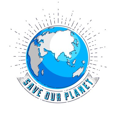 Beyaz arka plan üzerinde Eko ekoloji, dünya iklim değişiklikleri, dünya günü 22 Nisan, gezegen şerit ve yazım vektör amblem veya illüstrasyon izole bizim gezegen kavramı.