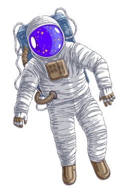 Astronot ağırlıksız, uzay adamı açık alan gerçekçi vektör illüstrasyon izole beyaz arka plan üzerinde yüzen uzay giysisi içinde.