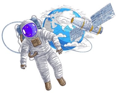 Açık alanda uçan astronot uzay istasyonu ve dünya gezegen arka planda, hafiflik ve ISS uzay aracı arkasında güneş panelleri ile yüzen uzay giysisi içinde spaceman bağlı. Vektör.