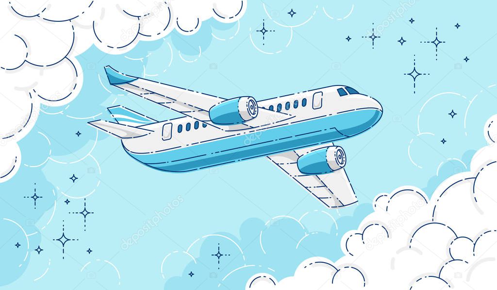 Plane passenger airliner flying in the sky surrounded by clouds, beautiful thin line 3d vector illustration.