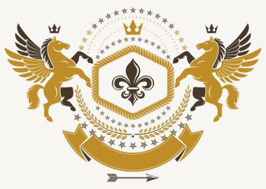 Hanedan Arması izole dekoratif amblemi vektör çizim zarif Pegasus, Imperial crown ve Lily çiçek Kraliyet sembolü ile yapılan..