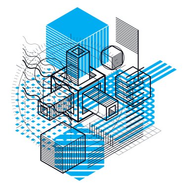 3D soyut vektör izometrik arka plan. Küpleri, Altıgenler, kareler, dikdörtgenler ve farklı soyut öğeler düzenini.