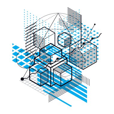 İzometrik doğrusal soyut vektör arka plan, çizgili soyutlama. Küpleri, Altıgenler, kareler, dikdörtgenler ve farklı soyut öğeler.