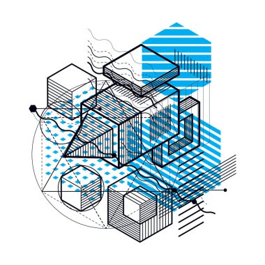 İzometrik arka plan çizgileri ve diğer farklı elemanları, vektör soyut şablonu. Kompozisyon küpleri, Altıgenler, kareler, dikdörtgenler ve farklı soyut öğeler.