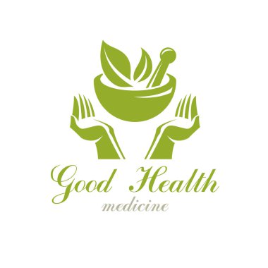 Harç ve havaneli holding şefkatli eller. Fitoterapi metafor, vektör grafik amblem-ebilmek var olmak kullanılmış içinde tıbbi tedavi kuruluşları.