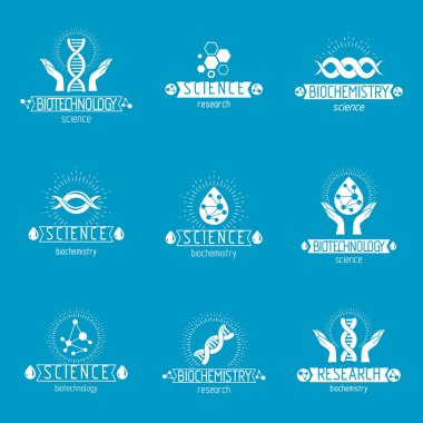 Molekül ve insan DNA'sı vektör modellerinin kümesi. Biyomedikal Mühendisliği, genetik, moleküler genetik ve biyoteknoloji kavramlar oluşturulan kurumsal Logotype topluluğu.
