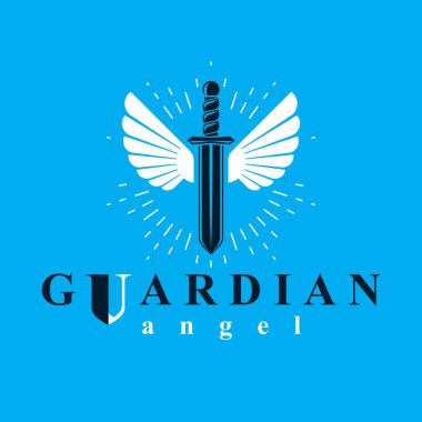 Kuş kanatları, savaş ve güvenlik metaforu ile yaratılmış kılıcın vektör çizimi. Seraph vektör amblemi.