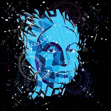 akıllı bir kadın, insan düşünce metafor 3D vektör düşük poli portre. Modern teknoloji tarzı görsel öğeler kullanılarak yapılan sanatsal arka plan mekanik düzeni parçaları ve bağlı çizgiler.