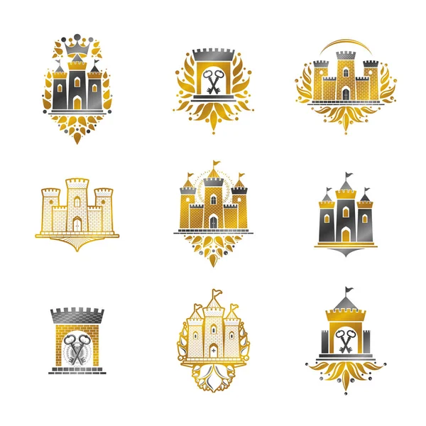 Ancient Fortresses Emblems Set Heraldic Coat Arms Vintage Vector Logos — Stock Vector