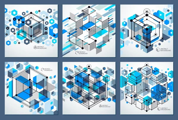 Lines and shapes abstract vector isometric 3D blue backgrounds set. Abstract scheme of engine or engineering mechanism. Layout of cubes, hexagons, squares, rectangles and different elements.
