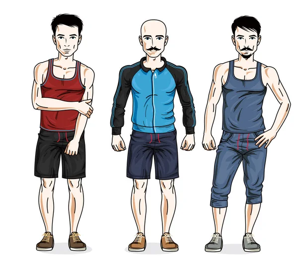 Des Beaux Hommes Confiants Portant Des Vêtements Sport Élégants Ensemble — Image vectorielle