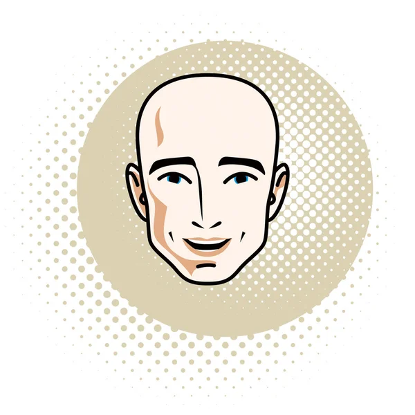 Vektorové Ilustrace Hezký Mužský Obličej Pozitivní Tvář Rysy Lysé Muže — Stockový vektor