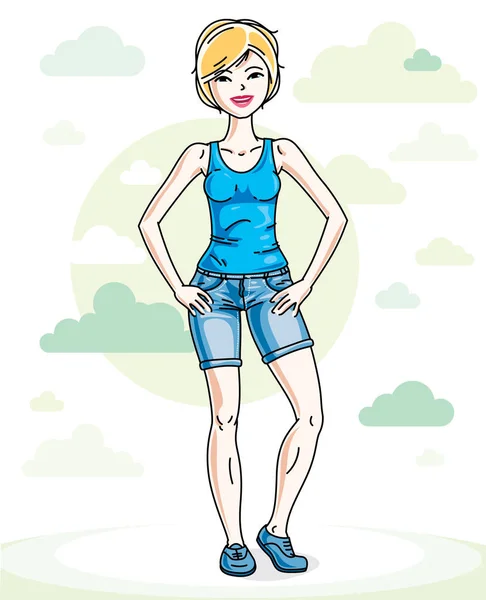 Hermosa Mujer Rubia Joven Pie Fondo Con Nubes Azules Cielos — Vector de stock