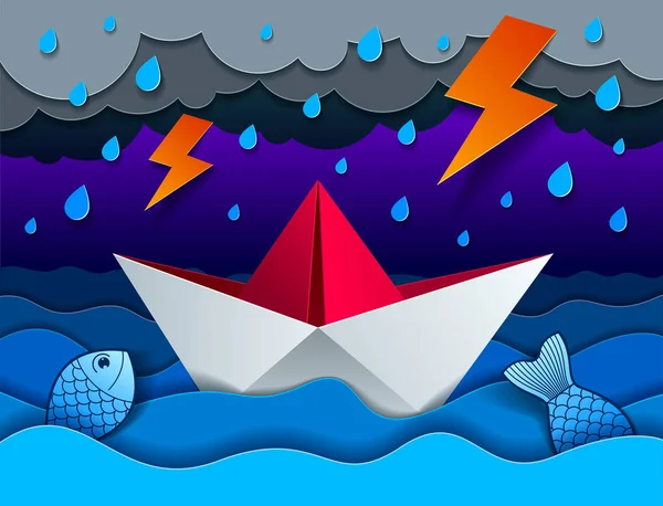 Origami Papel Barco Juguete Nadando Tormenta Con Relámpagos Olas Curvas — Vector de stock