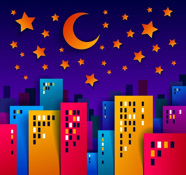 Paisaje Urbano Noche Con Luna Las Estrellas Ilustración Vectorial Dibujos — Archivo Imágenes Vectoriales