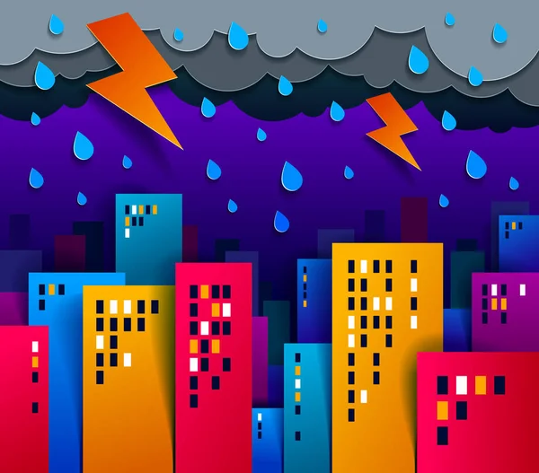 Cityscape Fırtına Şimşek Gece Karikatür Vektör Çizim Kağıt Kesme Çocuklar — Stok Vektör