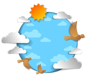 Kuşlar güzel bulutların arasında uçuyor ve gökyüzünde güneş var, yaz rahat ve huzurlu bir duygu, kağıttaki vektör çizimi çocukların tarzını kesiyor..