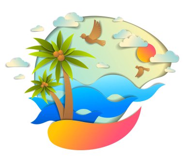 Dalgalar deniz, plaj ve avuç içi, güzel deniz manzarası kuşlar bulutlar ve güneş, vektör çizim stili, deniz kıyısı yaz plaj tatil tema kesilmiş kağıt.