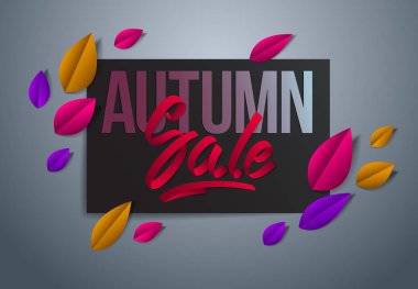 Güz satışı broşüründe harf, poster, kart, afiş, reklam tasarımı, sonbahar yaprakları vektör modern karikatür kağıdı kesimi 3d illüstrasyon.