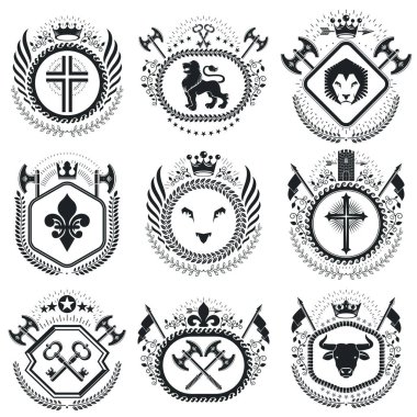 Antika ödüllü tasarımlar, klasik hanedan arması. Vektör amblemleri. Eski tasarım ögeleri koleksiyonu.
