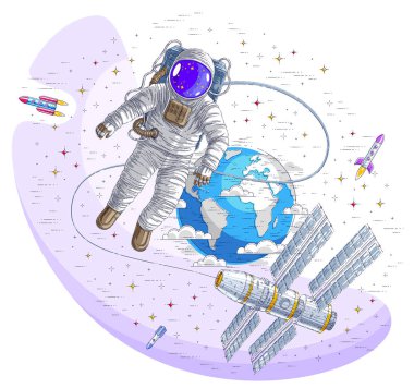 Açık uzaya uzay istasyonuna bağlı astronot çıktım ve dünya gezegen arka planda, yüzer hafiflik ve ISS uzay, uzay adamı roketler ve yıldız. İzole vektör.
