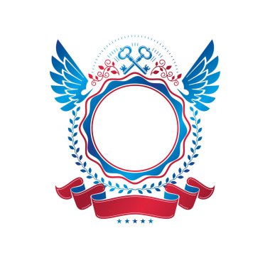 Grafik eski anahtar amblemi güvenlik teması oluşturduk. Hanedan vektör tasarım öğesi. Retro tarzı etiket, hanedanlık armaları logo güzel şerit ve kartal kanatları ile dekore edilmiş.