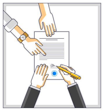 İşadamı sözleşmeli kağıt imzaladı ya da banka müşterisi finansal kredi formuna bir tabela yazdı ve çalışanı ona yardım etti ve kredi şartlarını, insanların ellerinin üst görünümünü açıkladı. Vektör.