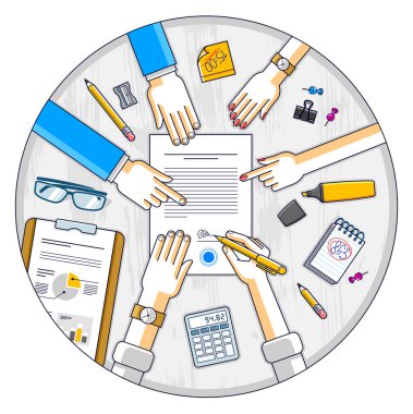 İşadamı sözleşmeli kağıt belgesini imzalar veya banka müşterisi finansal kredi formuna bir işaret yazar ve çalışanlar ona yardım eder ve kredi şartlarını, insanların ellerinin üst görünümünü açıklar. Vektör.