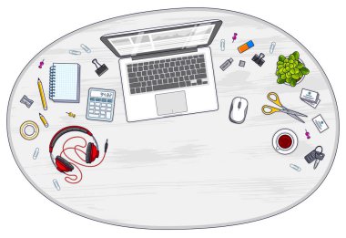 Dizüstü bilgisayar ve çeşitli ileti örneği nesnelerle çalışmak için metin kopyalama yeri olan Office Resepsiyon çalışma alanı üstten görünüm. Tüm öğeleri ayrı ayrı kolay veya resim yeniden oluşması. Vektör.