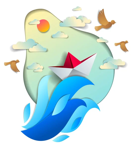 Navio Papel Nadando Ondas Mar Origami Barco Brinquedo Dobrado Flutuando — Vetor de Stock