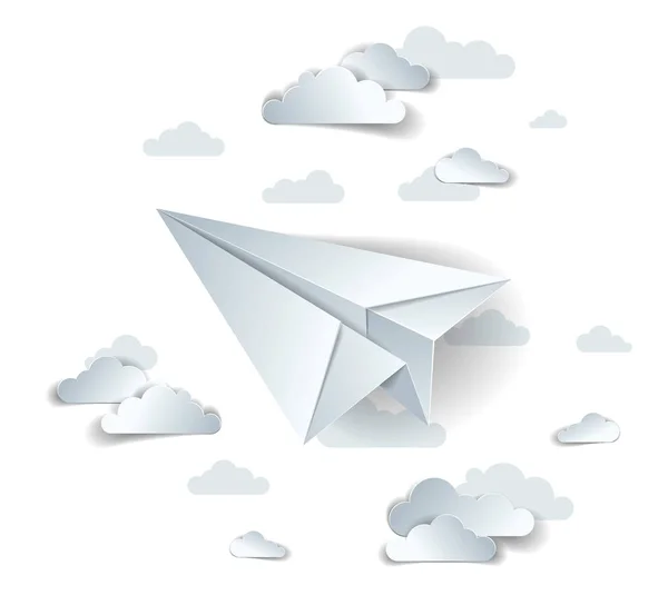 Paper Plane Flying Scenic Cloudy Sky Origami Folded Toy Airplane — Stock Vector