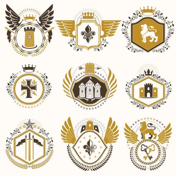 Set Van Vector Vintage Elementen Heraldiek Etiketten Gestileerd Retro Design — Stockvector