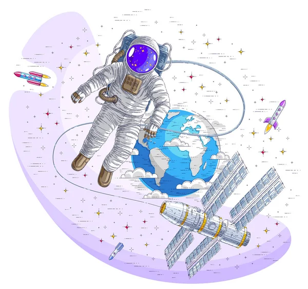 宇航员进入了与空间站和地球行星连接的开放空间 宇航员漂浮在失重和 Iss 航天器 火箭和恒星 矢量隔离 — 图库矢量图片