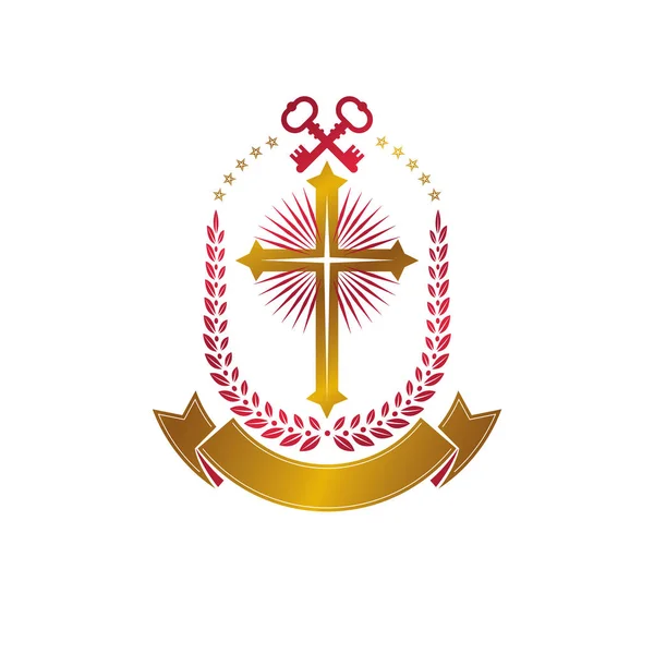 Christian Cross Dekorativa Emblem Sammansatt Med Säkerhetsnycklar Heraldiska Vektor Designelement — Stock vektor