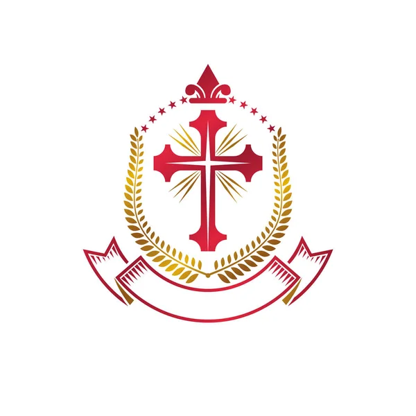 キリスト教の十字の装飾的な黄金の紋章 紋章ベクター デザイン要素が月桂樹の花輪と高級リボンを使用して構成します レトロなスタイルのラベル 紋章ロゴ 宗教的なヴィンテージのシンボル — ストックベクタ