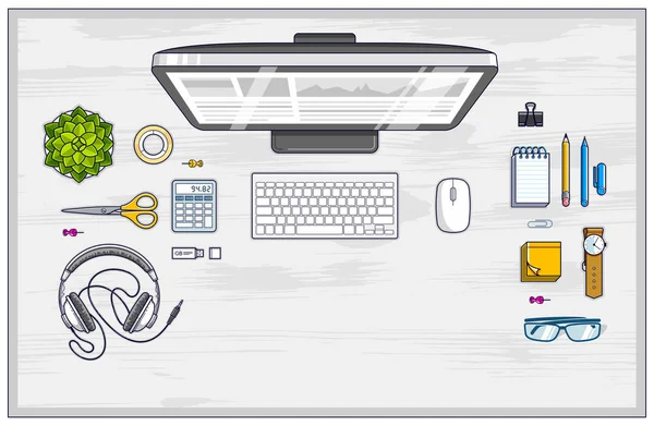 Empleado Oficina Empresario Lugar Trabajo Con Computadora Diversos Objetos Papelería — Archivo Imágenes Vectoriales