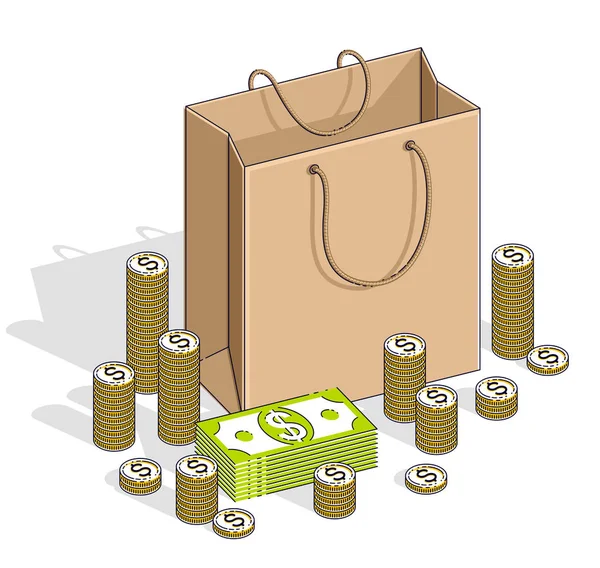 Концепция Продажи Розничная Торговля Big Sale Shopping Bag Денежными Пачками — стоковый вектор