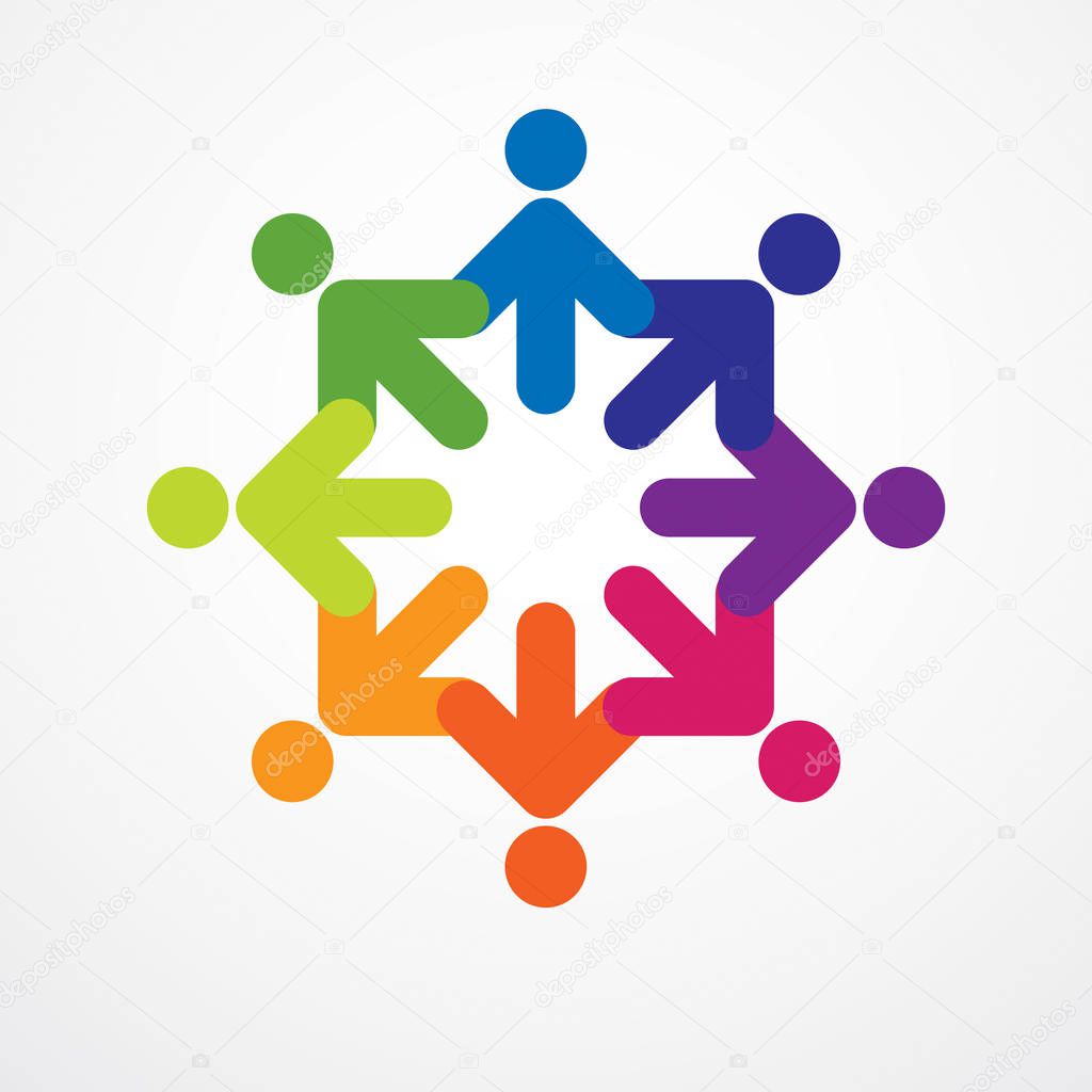 Teamwork and friendship concept created with simple geometric elements as a people crew. Vector icon or logo. Unity and collaboration idea, dream team of business people colorful design.