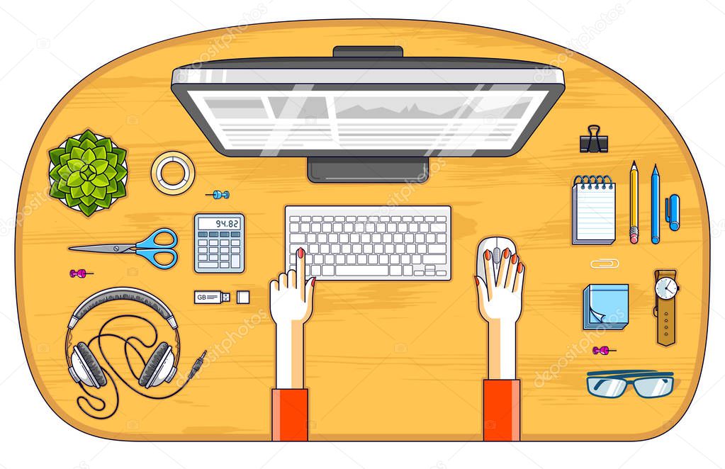 Office employee or entrepreneur work desk workplace with hands and PC computer and diverse stationery objects for work, top view. All elements are easy to use separately. Vector illustration.