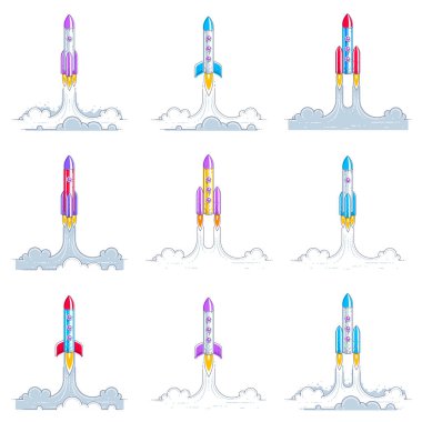 Keşfedilmemiş alan, satır 3B vektör üzerinde beyaz izole içine roketler başlatmak.