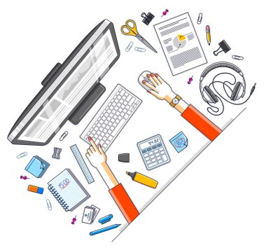 Elleriniz ve bilgisayar çalışması için çeşitli ileti örneği nesnelerle çalışma alanı