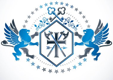 Retro vintage Insignia ile efsanevi grifon, anahtarları ve dini çapraz.