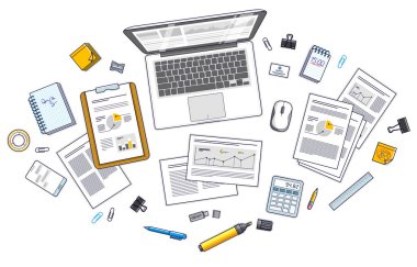 grafik ve veri tablosundaki defter ve analytics kağıtları.