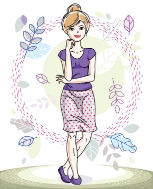 Bahar manzara arka plan üzerinde poz ve şık rahat kıyafetler giymiş mutlu sarışın genç kadın. Vektör çekici kadın çizim. Bahar moda ve yaşam tarzı tema çizgi film.